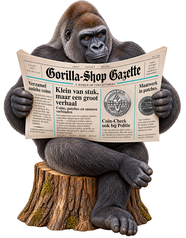 Gorilla op een boomstronk die de Gorilla-Shop Gazette leest